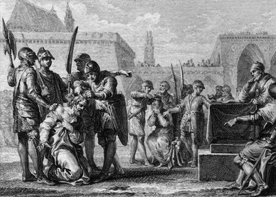 Thierry III (651-691), koning van de Franken, en Ebroin (overleden 681), burgemeester van het paleis van Neustrië, werden gemaaid door de bevolking, vijandig tegenover de twee mannen. 669. Gravure door Jean Michel Moreau, genaamd Moreau le Jeune (1741-1814 door Jean Michel the Younger Moreau