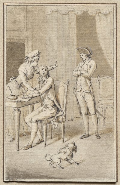Drie figuren met een hond door Jean Michel the Younger Moreau