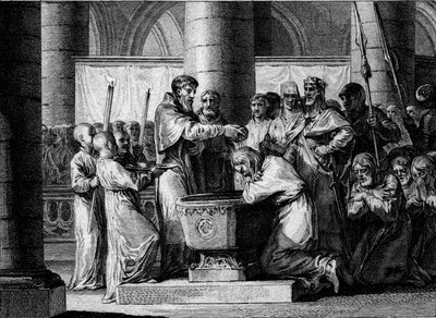 Oorlog tegen de Saksen, 785: doop van Witikin van Saksen (of Widukind, Wittekind). Verslagen door het leger van Karel de Grote, stemde de leider van de Saksen ermee in zich tot het katholicisme te bekeren. Gravure door Jean Michel Moreau, genaamd Moreau le door Jean Michel the Younger Moreau