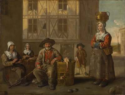 Een pluimveehandelaar en een oude vrouw die haar handen verwarmt, circa 1652 door Jean Michelin