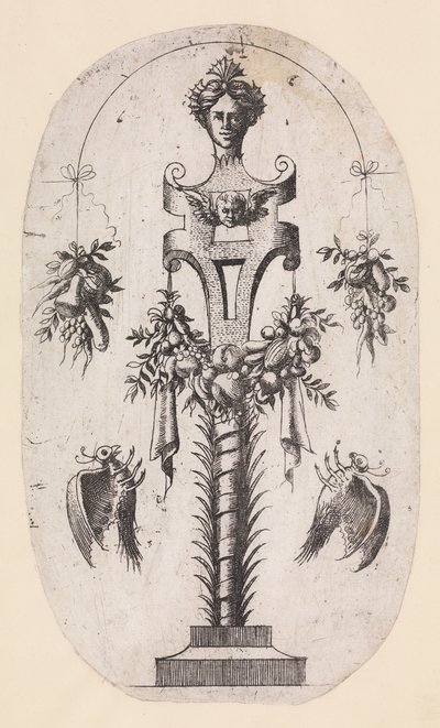 Ontwerp voor een Term met het Hoofd van een Vrouw, Bandwerk en Trofeeën door Jean Mignon