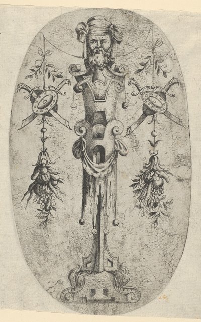 Mannelijke terminale figuur, hoofd met baard en tulband op een driekwart bandwerk door Jean Mignon