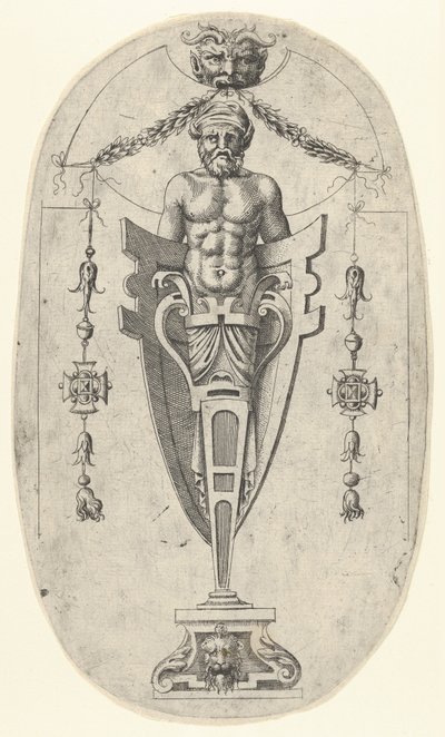 Mannelijk eindfiguur, torso met baard en tulband op een halve lengte voetstuk ingesloten door Jean Mignon