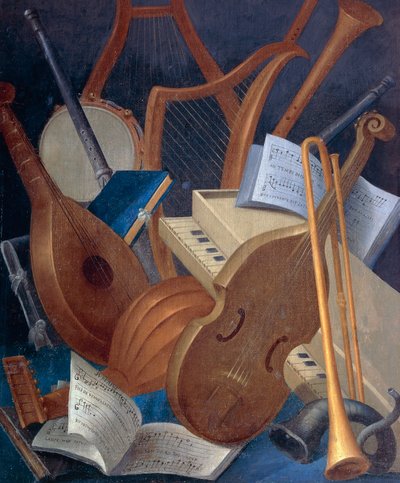 Muziekinstrumenten, detail van Allegorie van Muziek, paneelschilderij door Jean Mosnier (1600-1656). Kasteel Beauregard, Loir-et-Cher, Frankrijk. door Jean Monier or Mosnier