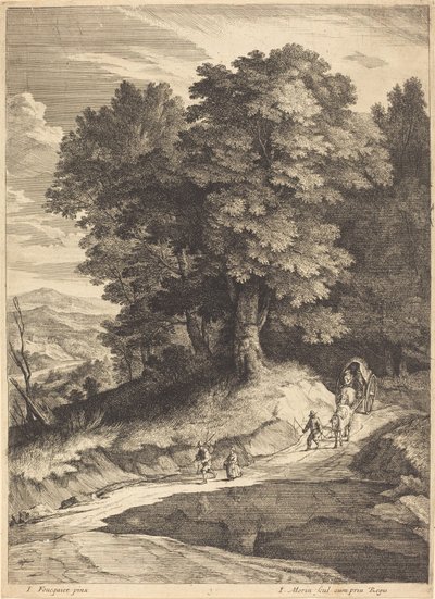 Rand van een bos met reizigers in een koets door Jean Morin, after Jacques Fouquières