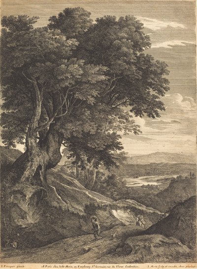Heuvelachtig landschap met reizigers te voet door Jean Morin, after Jacques Fouquières