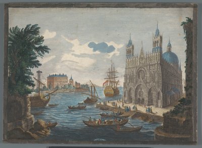Gezicht op een gotische kathedraal aan het water door Jean Moyreau