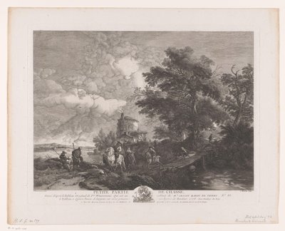 Jachtgezelschap in een landschap met brug door Jean Moyreau