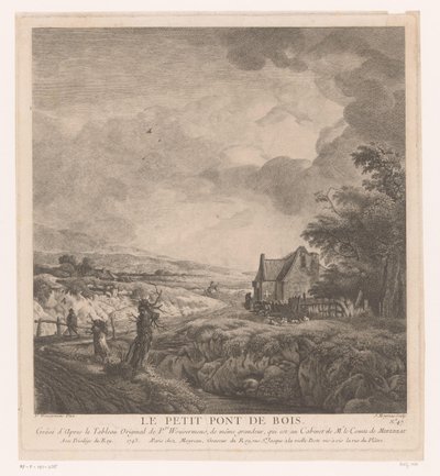 Landschap met een huis langs een pad over een brug door Jean Moyreau
