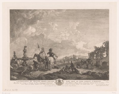Landschap met figuren bij een fontein door Jean Moyreau
