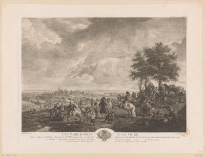 Landschap met paardenhandelaren op een markt door Jean Moyreau