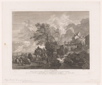 Landschap met reizigers bij een waterval door Jean Moyreau