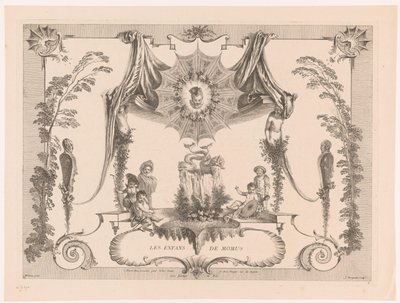 Ontwerp voor lambrisering met kinderen bij een fontein (Oeuvre van Antoine Watteau) door Jean Moyreau