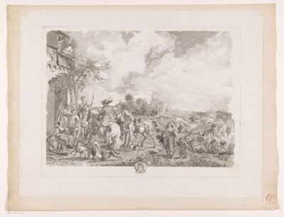 Reizigers voor een herberg door Jean Moyreau