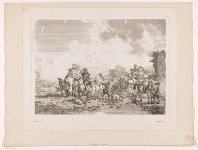 Rustend jachtgezelschap bij een fontein door Jean Moyreau