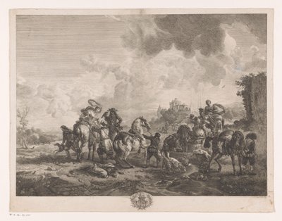 Rustend jachtgezelschap bij een fontein door Jean Moyreau