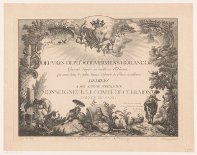 Titelprent met figuren en dieren in een landschap, met het portret van Philips Wouwerman door Jean Moyreau