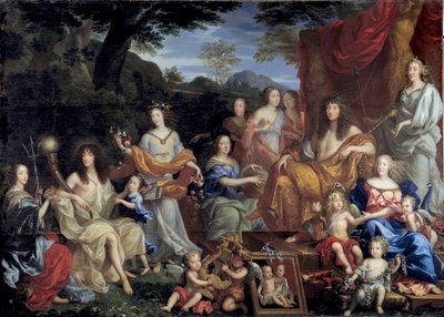 Koning Lodewijk XIV en zijn familie verkleed als mythologische figuren door Jean Nocret