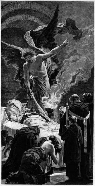 De transfiguratie van Sint-Genevieve. Gravure naar de fresco van Jean Paul Laurens (1838-1921) in het Pantheon in Parijs. In 