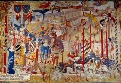 Toernooiscène aan het einde van de 14e eeuw. Wandtapijt des Gobelins ter decoratie van de openbare zaal van de Archives Nationales in Parijs met een karton geschilderd door de kunstenaar Jean-Paul Laurens (1838-1921) door Jean Paul Laurens
