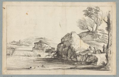 Landschap met zwemmers bij een kleine waterval door Jean Pesne
