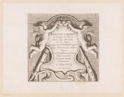 Titelprent met twee putti en de attributen van Hercules door Jean Pesne