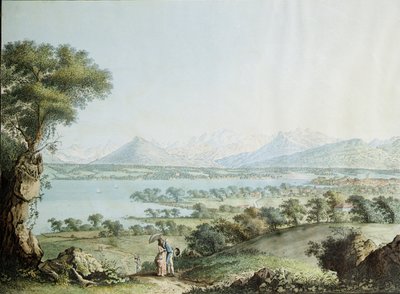 Uitzicht op de Mont Blanc met Genève op de voorgrond, gegraveerd door Jean Philippe Linck II en Jacob Philippe Hackert door Jean Philippe II Linck