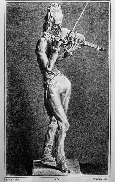 Niccolo Paganini (1782-1840), Italiaanse violist en componist. Karikatuur naar het beeldhouwwerk van Jean Pierre Dantan de jonge door Jean Pierre (after) Dantan