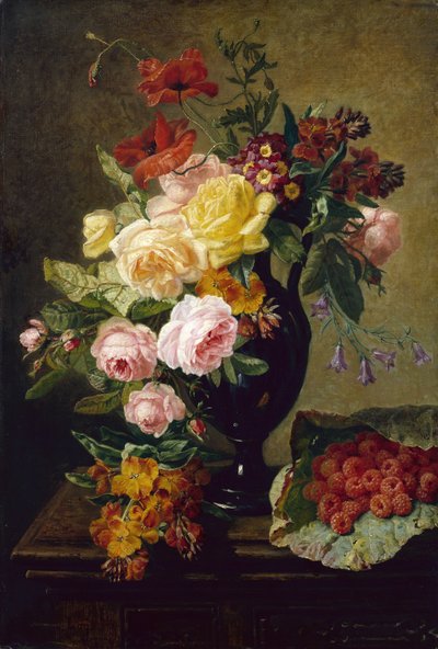 Rozen, klaprozen, muurbloemen in een vaas met frambozen door Jean Pierre Lays