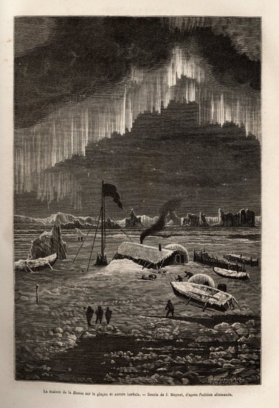 Na het verlaten van hun schip, bouwde de bemanning van La Hansa een kamp op een drijvende ijsschots, verlicht door het noorderlicht, gravure naar de tekening van J.Moynet, ter illustratie van de reis van de schepen La Germania en La Hansa naar de Noordpool door Jean Pierre Moynet