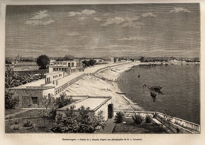Chandernagor (hedendaags Chandannagar, in West-Bengalen), aan de oevers van de Ganges, gravure naar de tekening van J.Moynet, ter illustratie van de reis in India van de Rajahs, in 1864-1868, door Louis Rousselet, gepubliceerd in 