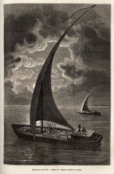 De boten van de boven-Nijl, verminderde bemanning en passagiers slapend op het dek, bij maanlicht, gravure naar de tekening van J.Moynet, ter illustratie van de reis naar het hart van Afrika in 1868-1871, door Dr. Georges Schweinfurth, gepubliceerd in 