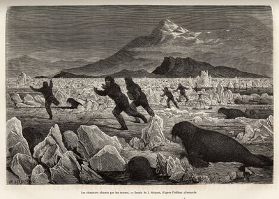 Een deel van de bemanning van het schip La Germania, op de Clavering-eilanden, afgedaald op het ijs om te jagen, werden zelf opgejaagd door walrussen die uit het water kwamen, gegraveerd naar de tekening van J.Moynet, ter illustratie van een reis naar de N door Jean Pierre Moynet