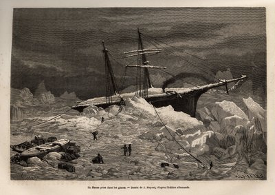 Het Duitse schip La Hansa gevangen in het ijs, de bemanning haast zich om de nodige voorwerpen en voorraden uit te pakken, voordat ze het schip verlaten en de expeditie op het ijs voortzetten, gegraveerd naar de tekening van J. Moynet, ter illustratie van  door Jean Pierre Moynet