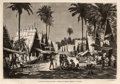 De mars van Dobbo, op het eiland Arou, een havencentrum, geanimeerd door vele kooplieden en scheepsbouw, gegraveerd naar de tekening van J. Moynet, ter illustratie van de reis naar de Maleisische archipel in 1854-1862, door Alfred Russell Wallace (1823-191 door Jean Pierre Moynet