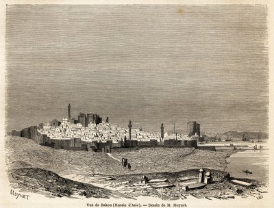 Zicht op Bakoe (Rusland, Azerbeidzjan), tekening door Mr. Moynet, ter illustratie van de reis naar de kust van de Kaspische Zee, in oktober 1858, door Mr. Moynet. Gravure in 
