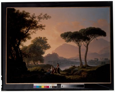 Ochtend en Avond: Een klassiek landschap met herders en nimfen bij een meer, een kasteel op een heuvel op de achtergrond door Jean Pierre Pequignot