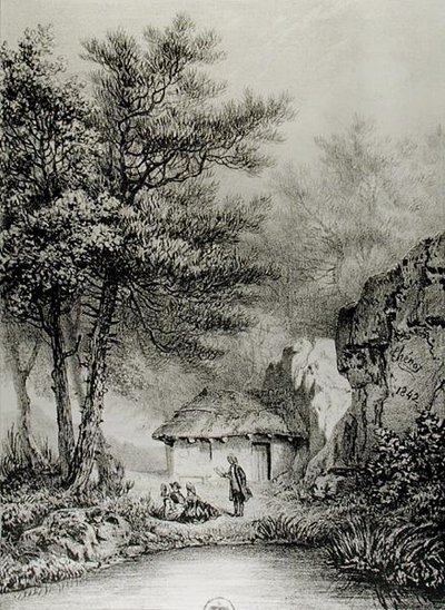 Jean-Jacques Rousseaus (1712-78) Hut in Ermenonville, 1842 door Jean Pierre after Thenot