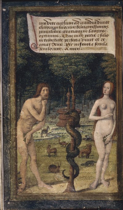 Adam en Eva uit Lettres bâtardes, ca. 1490-1510 door Jean Poyet