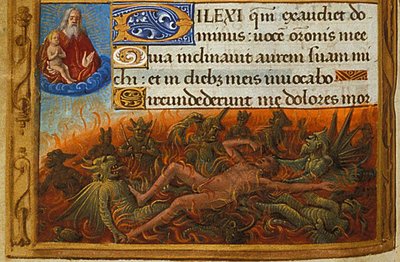 Getijdenboek, Detail: Dives gekweld door demonen en bekeken door de ziel van Lazarus, ca. 1500 door Jean Poyet