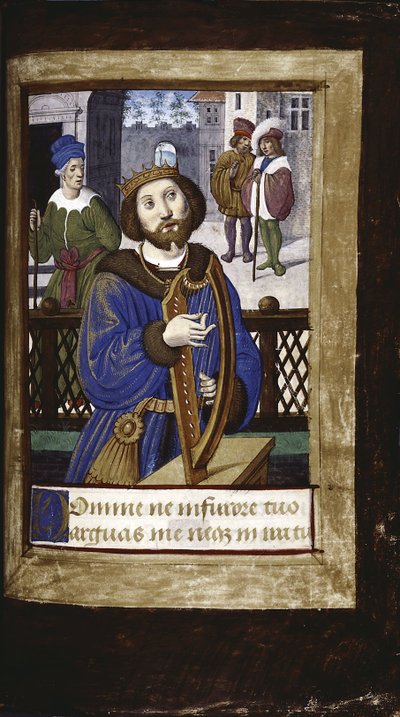 Koning David speelt zijn harp uit Lettres bâtardes, ca. 1490-1510 door Jean Poyet