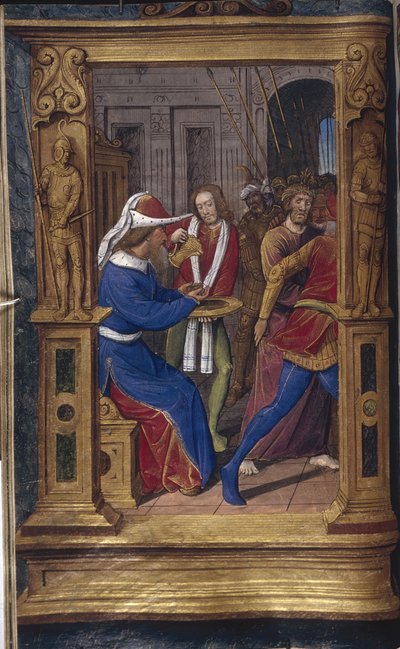 Pilatus wast zijn handen uit Lettres bâtardes, ca. 1490-1510 door Jean Poyet