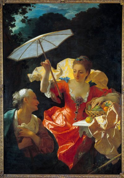 Vertumnus en Pomona: Vertumnus, verliefd op de nimf Pomona, vermomt zich als een oude vrouw om haar te benaderen. door Jean Ranc