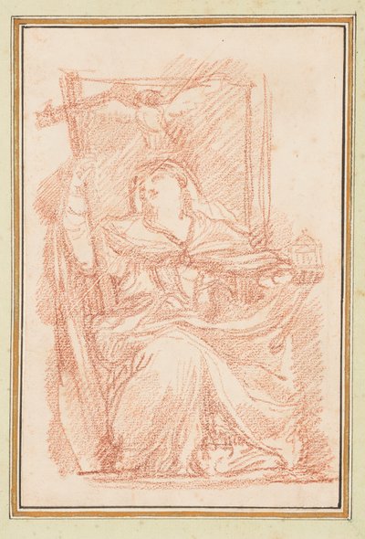Zittende vrouwelijke figuur met kruis en gebouwmodel door Jean Robert Ango