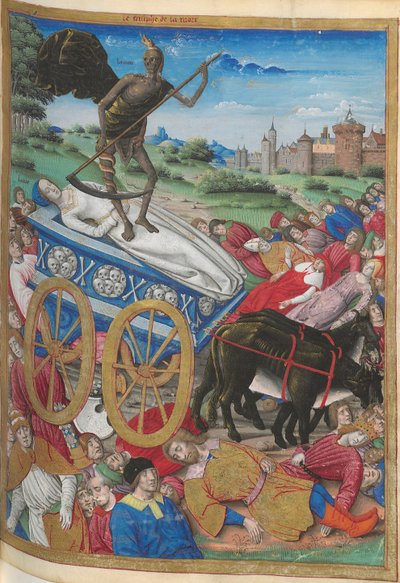 De triomf van de dood: de dood van Laura. Miniatuur uit Pétrarque, Les Triomphes, 1500-1505 door Jean Serpin