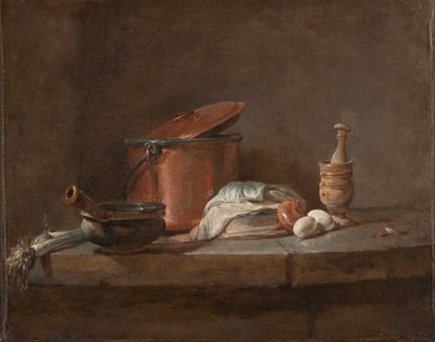 Keukengerei met Prei, Vis en Eieren door Jean Baptiste Simeon Chardin