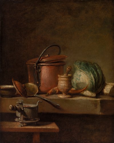 Stilleven met Koperen Pot, Kool, Stamper en Fornuis door Jean Baptiste Simeon Chardin