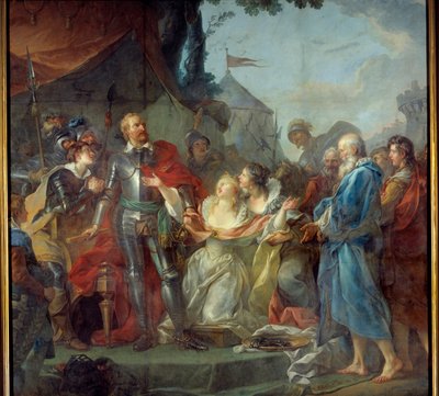 Het beleg van Calais in 1347 was de toewijding van Eustache van Saint Peter, de bekendste van de zes burgers van Calais, die naar de koning van Engeland Edward III ging om genade te vragen voor de inwoners van Calais (augustus 1347). Schilderij door Jean S door Jean Simon Berthelemy