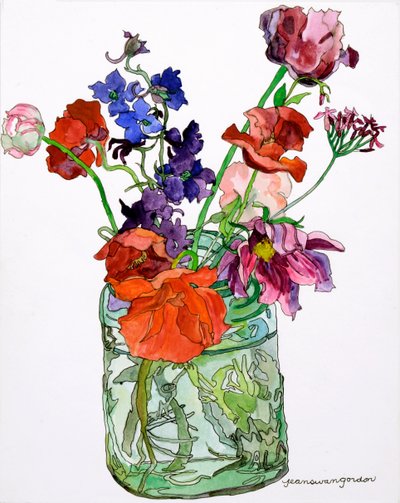 Delphiniums, klaprozen  anderen in pot, 2011 (aquarel  inkt op papier) door Jean Swan Gordon