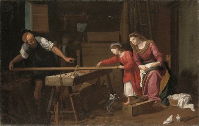 De Heilige Familie in de werkplaats van de timmerman door Jean Tassel